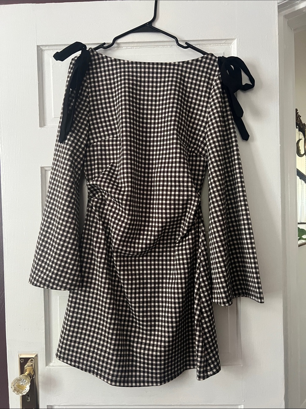 Cider Black & White Gingham Tie-Shoulder Mini Dress